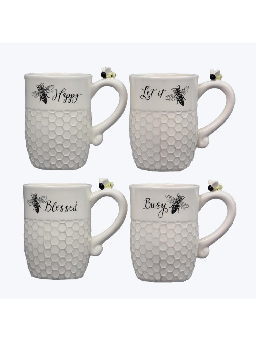 Set of 4 Bee Coffee Mugs - 16 oz Honeycomb Texture, Dishwasher & Microwave Safe